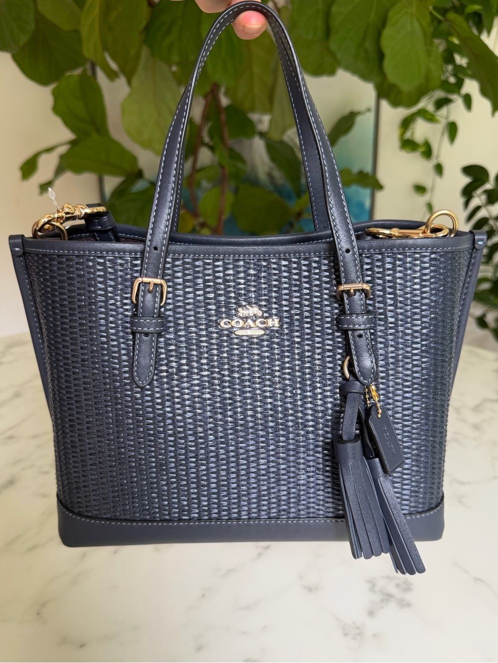 NWT Coach CH210 Mollie Tote 25 in Straw & Smooth Leather Midnight Navy Multi - Picture 15 of 16